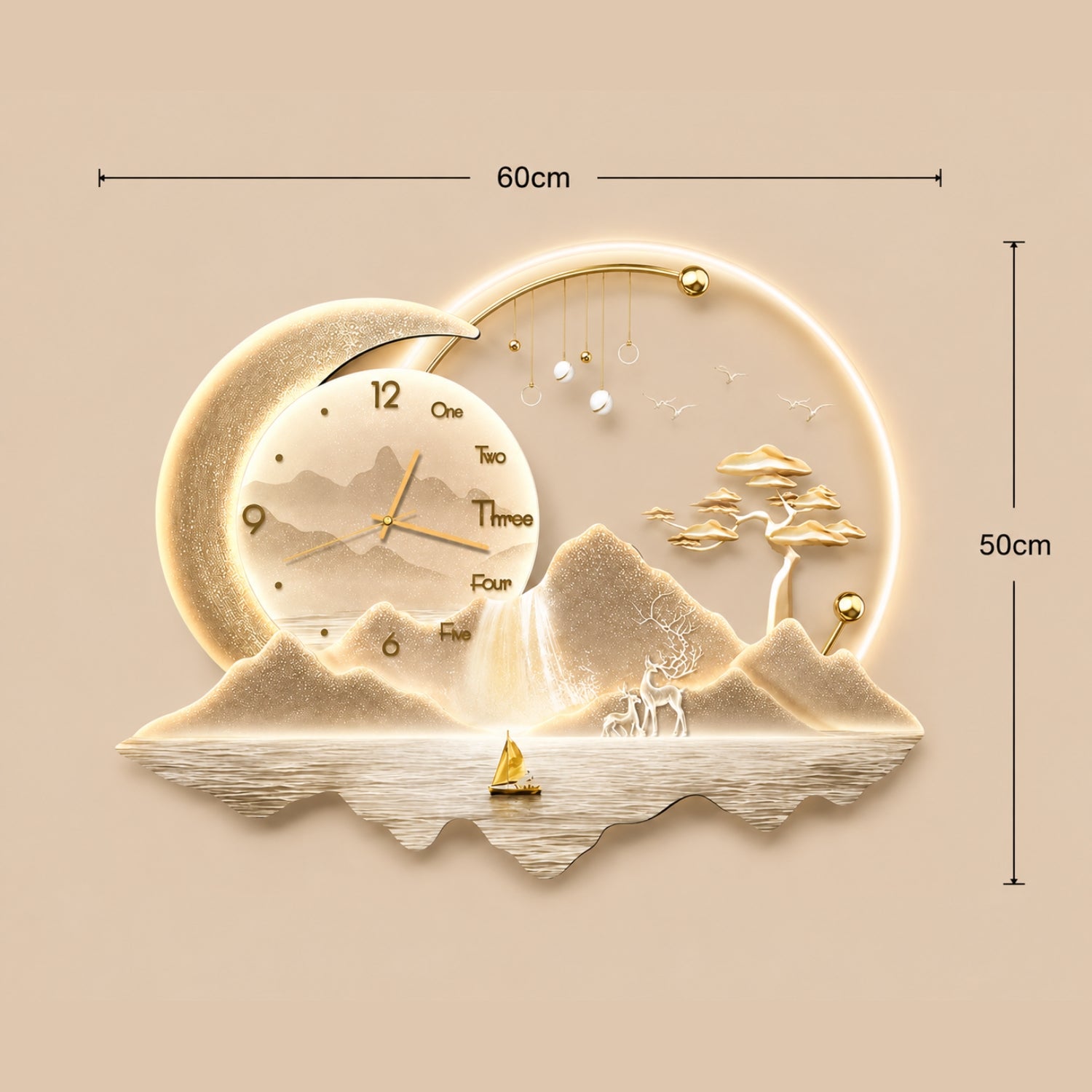 A decorative wall clock with a crescent moon and mountain landscape design, shown with dimension markers indicating 60cm width and 50cm height against a warm beige background.