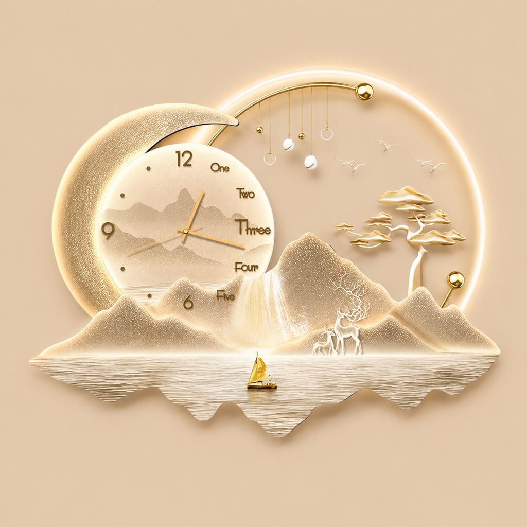 A decorative wall clock with a glowing warm beige and gold design, featuring a crescent moon, mountain landscape, tree, deer, sailboat, and circular clock face with Roman numerals.