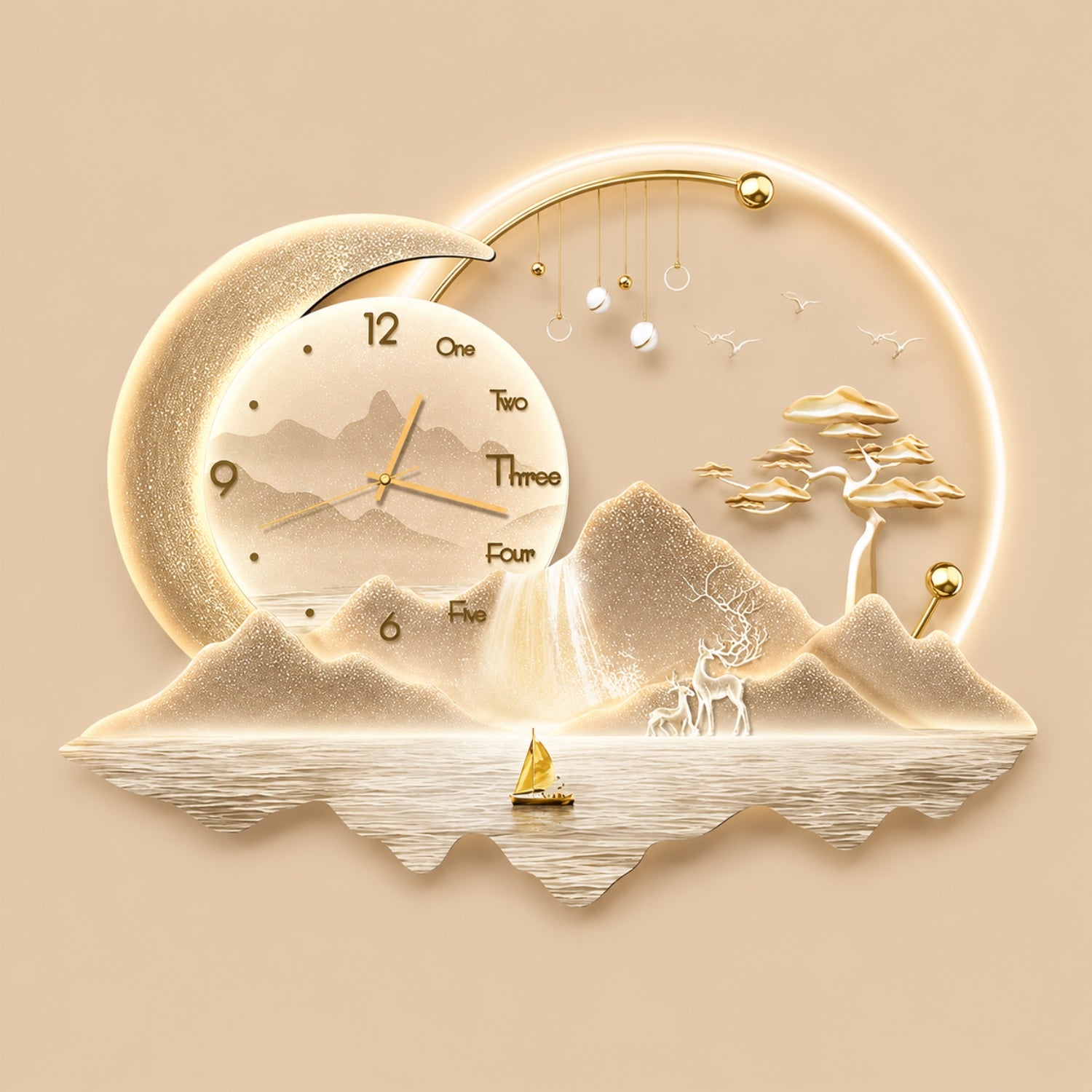 A decorative wall clock with a glowing warm beige and gold design, featuring a crescent moon, mountain landscape, tree, deer, sailboat, and circular clock face with Roman numerals.