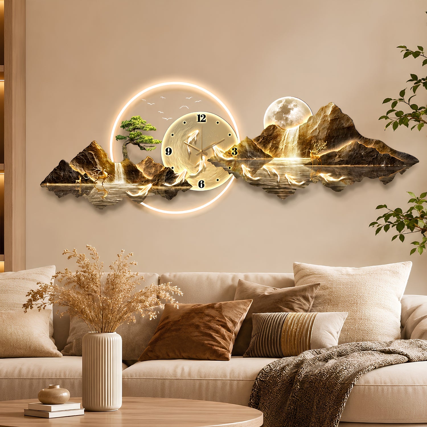 A decorative wall clock mounted above a sofa in a living room. The clock features a glowing circular frame and a stylized landscape design with mountains, a waterfall, a moon, and a small tree, all in metallic gold and bronze tones.