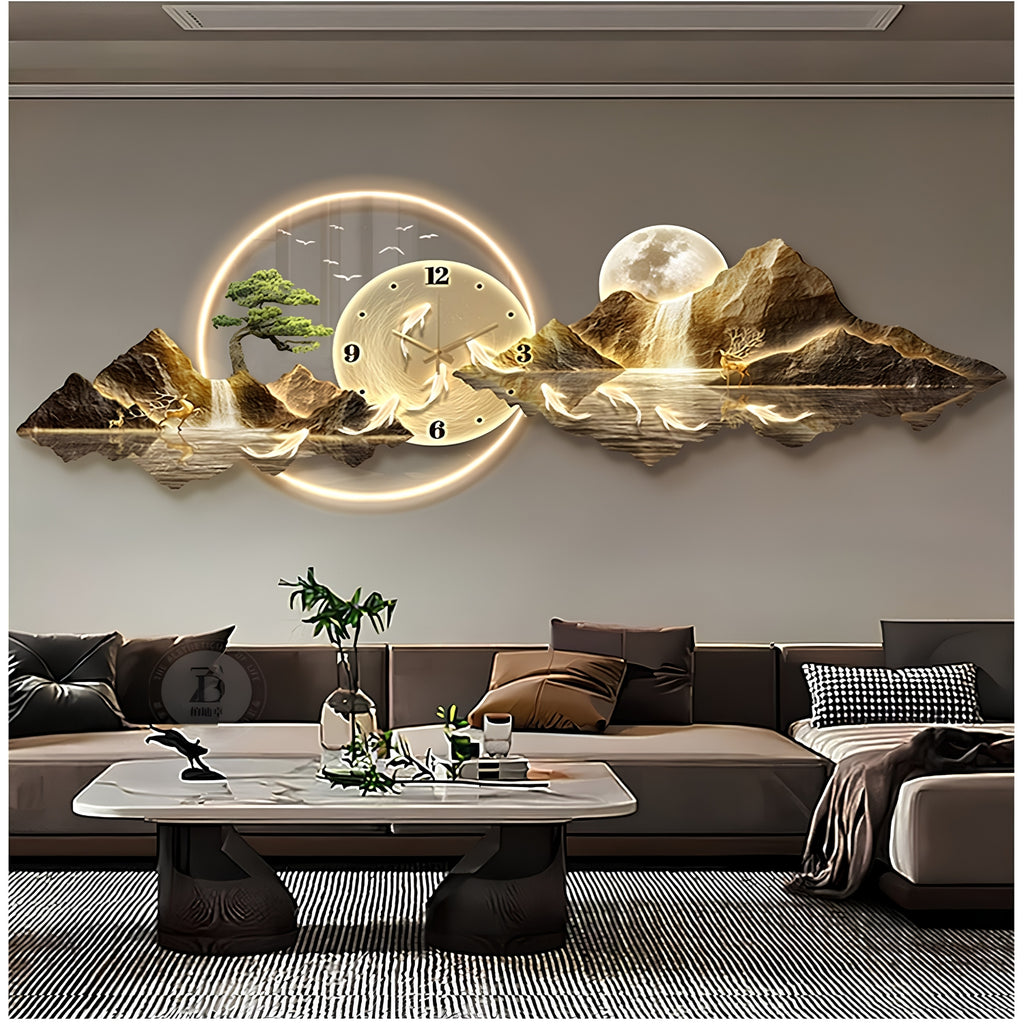 A 3D wall clock featuring a glowing circular frame, a central clock face, and a mountain landscape with a full moon and waterfall, displayed above a modern sofa in a living room setting.