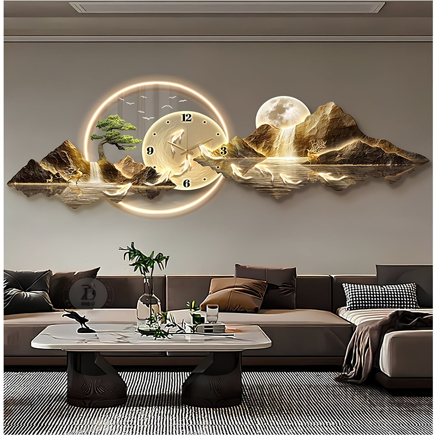 A 3D wall clock featuring a glowing circular frame, a central clock face, and a mountain landscape with a full moon and waterfall, displayed above a modern sofa in a living room setting.