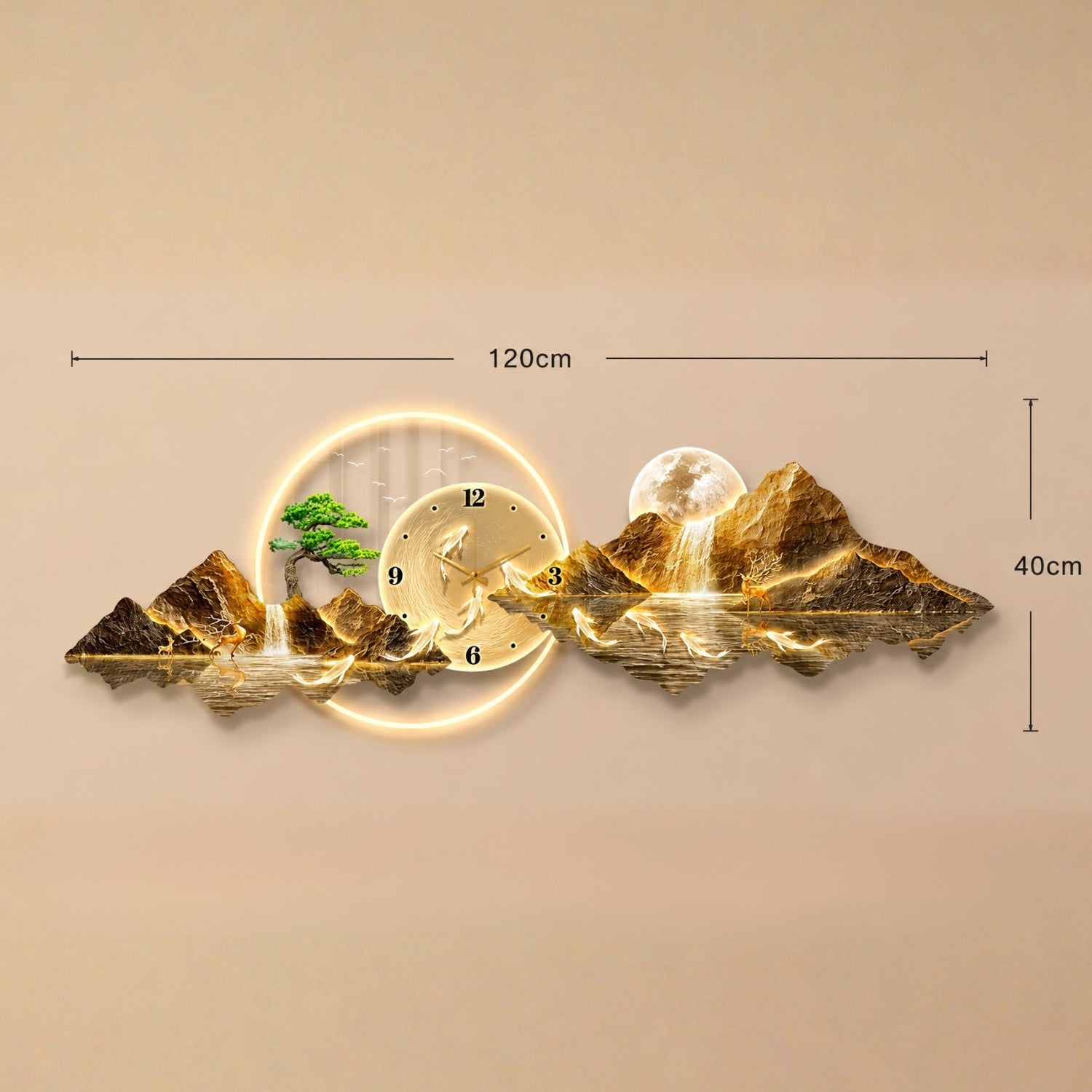 A decorative wall clock mounted on a beige wall, featuring a glowing circular frame, a central clock face, and stylized mountain and waterfall artwork with a moon. Measurement annotations show 120cm width and 40cm height.
