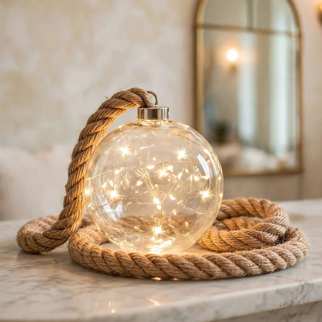 A clear glass spherical ornament with warm white fairy lights inside, wrapped with a thick natural rope handle and resting on a marble surface in a softly lit interior setting.