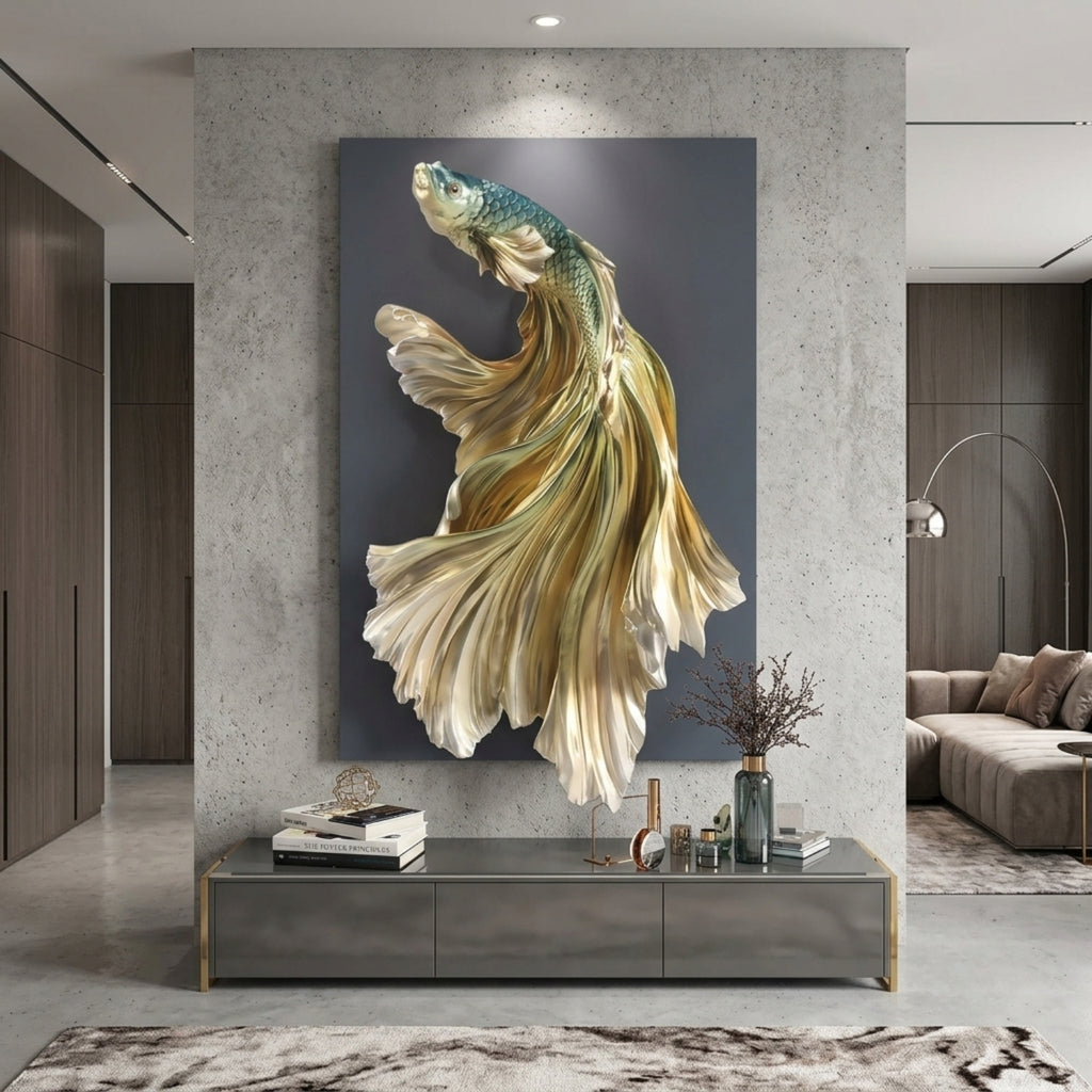 Large vertical wall art featuring a stylized gold and teal fish sculpture on a dark gray background, displayed above a console in a modern living room interior.