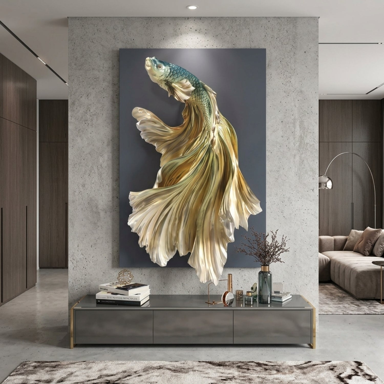 Large vertical wall art featuring a stylized gold and teal fish sculpture on a dark gray background, displayed above a console in a modern living room interior.