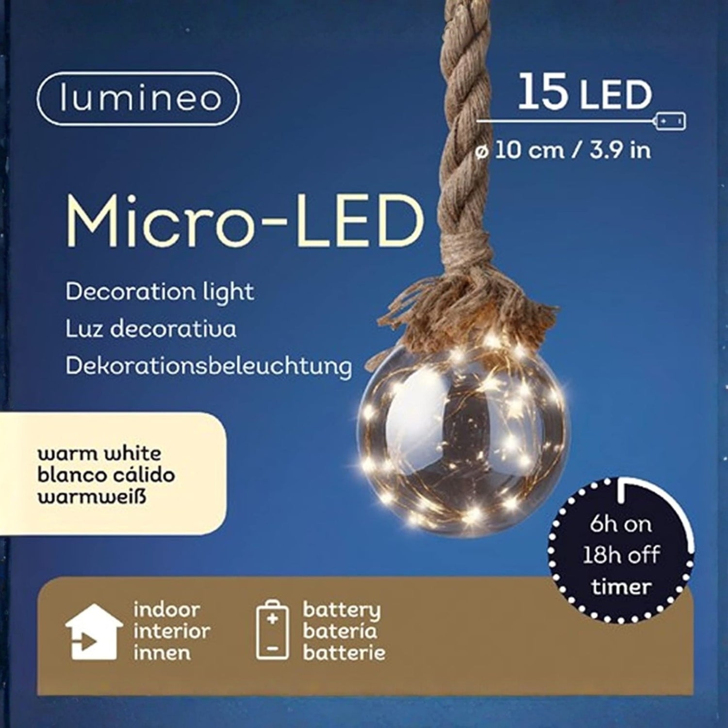 Product packaging for lumineo Micro-LED decoration lights, featuring a warm white light in a clear glass globe hanging from a rope against a dark blue background.