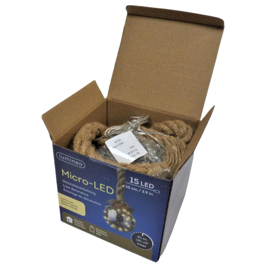 Lumineo Micro-LED 15 LED rope string lights in a brown cardboard box, showing the coiled jute rope and clear plastic-wrapped bulbs inside.