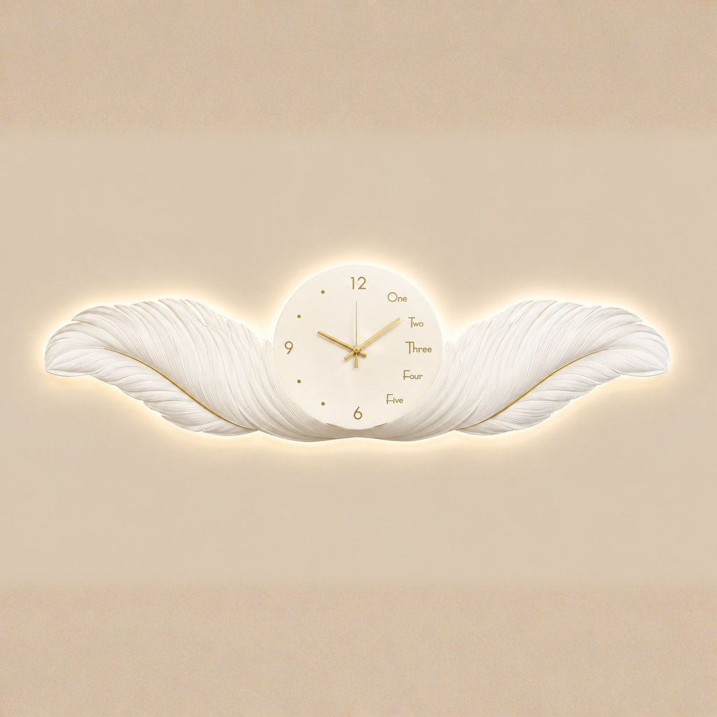 Luxury White Angel Wings LED Wall Clock - product view on beige background