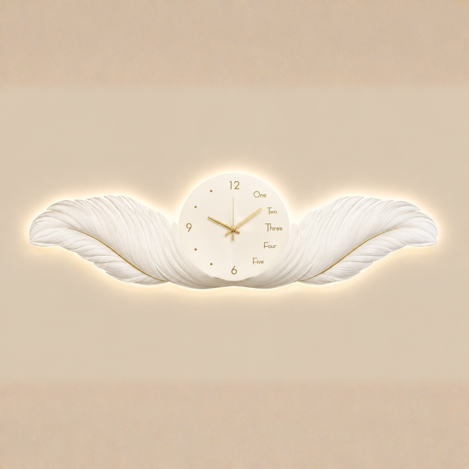 Luxury White Angel Wings LED Wall Clock - product view on beige background