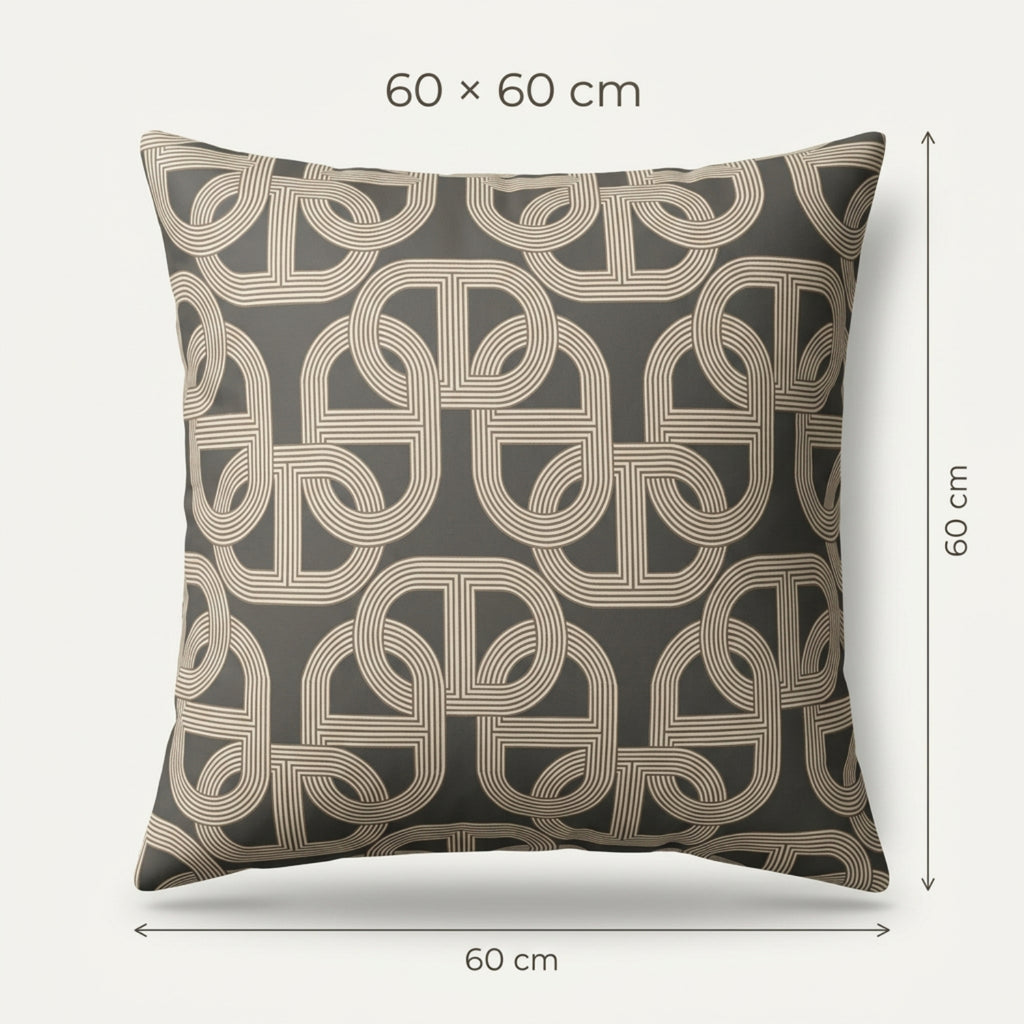 A square throw pillow with a dark gray and beige geometric interlocking pattern, shown with dimension lines and text indicating a size of 60 x 60 cm.