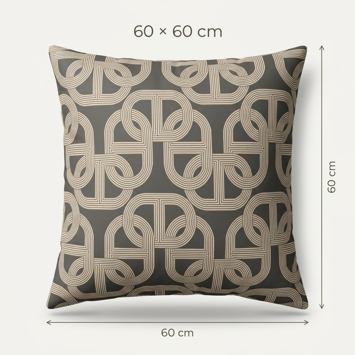 A square throw pillow with a dark gray and beige geometric interlocking pattern, shown with dimension lines and text indicating a size of 60 x 60 cm.