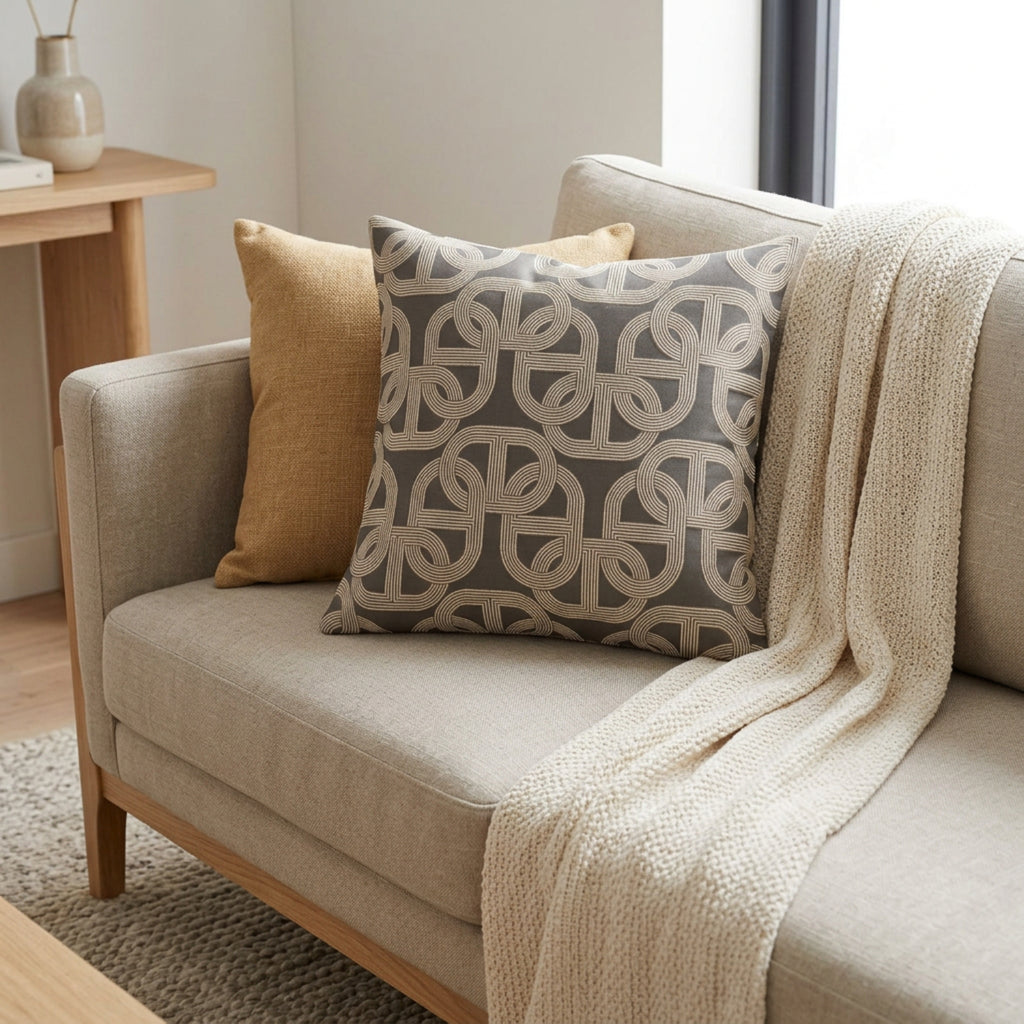 A styled living room scene showing a light beige upholstered sofa with a cream knit throw blanket draped over it and two decorative pillows, including a prominent square throw pillow with a gray and beige geometric interlocking pattern.