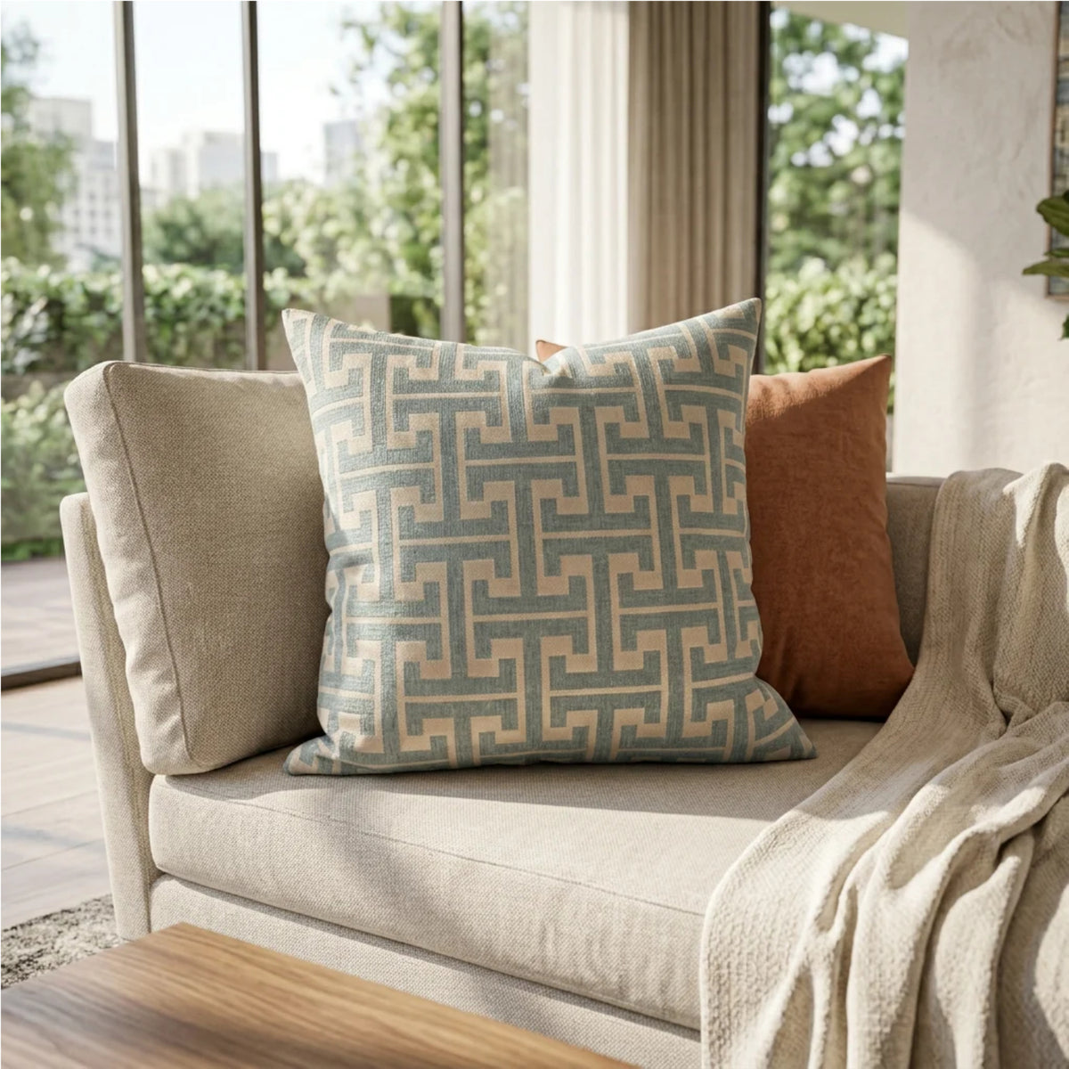 Maze Teal & Cream Filled Cushion – 60 × 60 cm