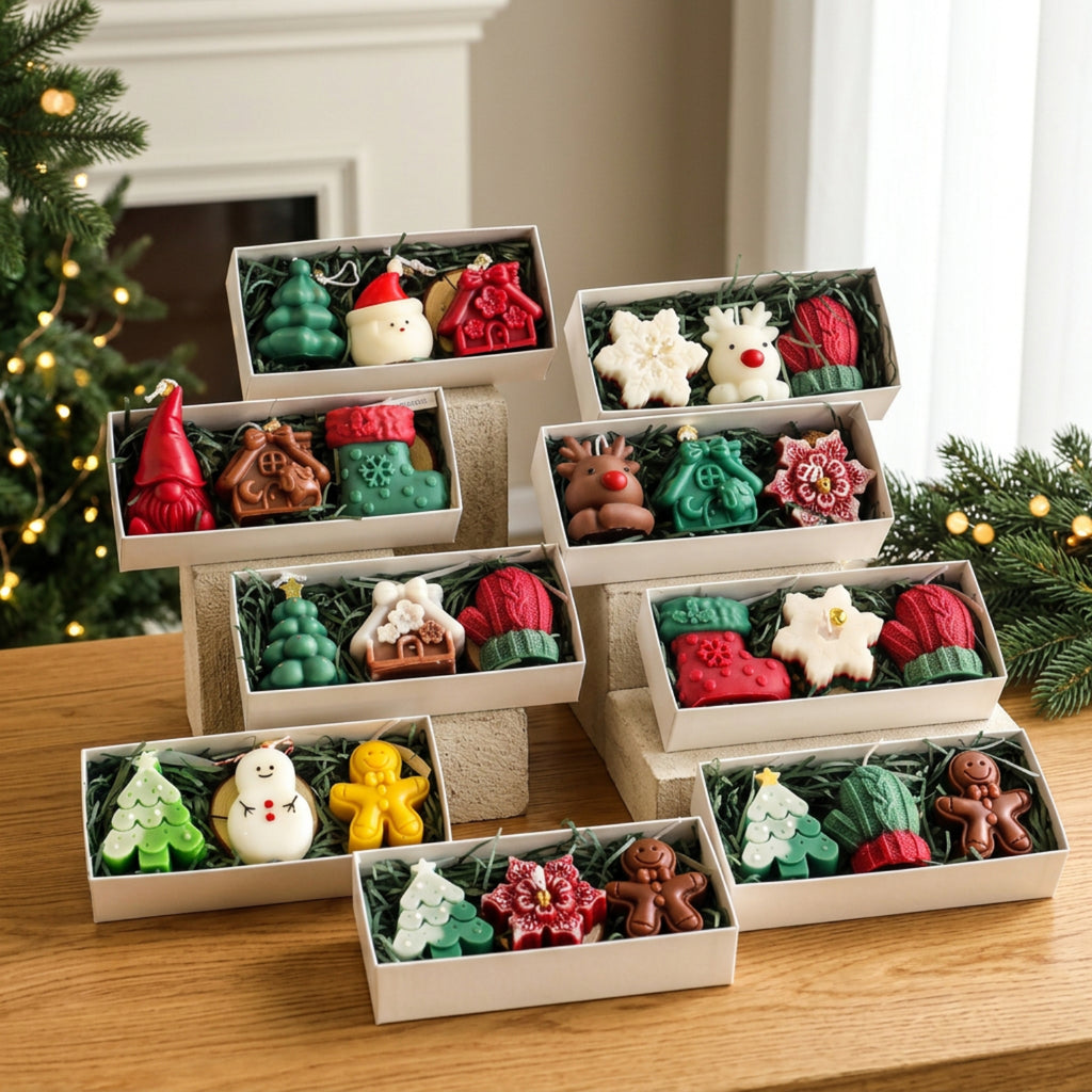 A set of multiple small gift boxes filled with assorted Christmas-themed wax melts or scented bars, arranged on a wooden table with a decorated Christmas tree and holiday greenery in the background.