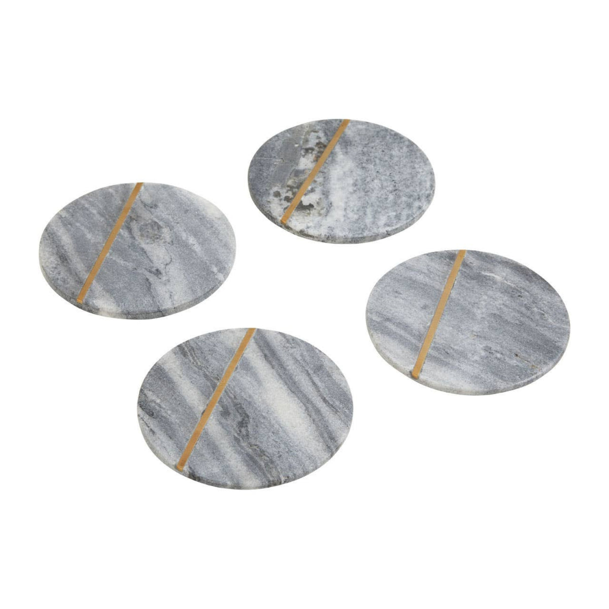Four gray marble coasters with gold vein on a white background