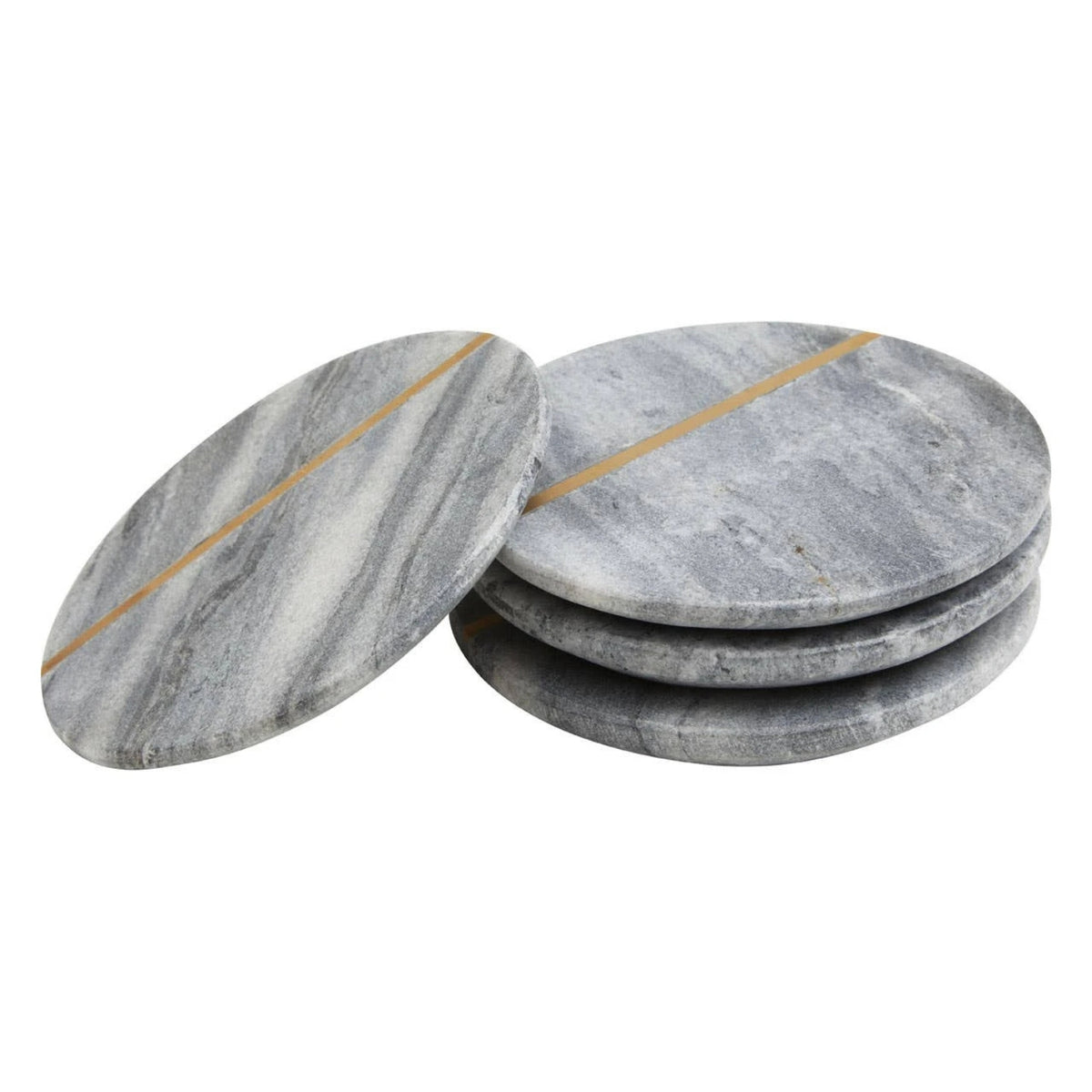 Four round gray marble coasters with a thin gold center stripe, shown on a plain white background.
