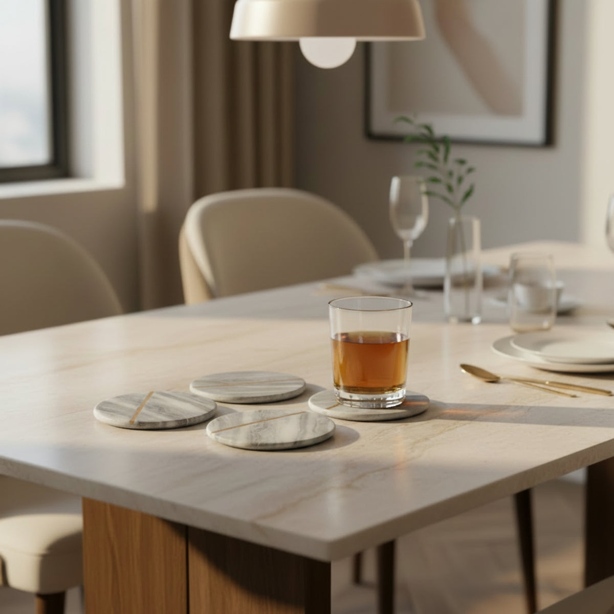 A dining table in a softly lit modern room, styled with round marble coasters, white plates, a glass of amber drink, and neutral-toned chairs.