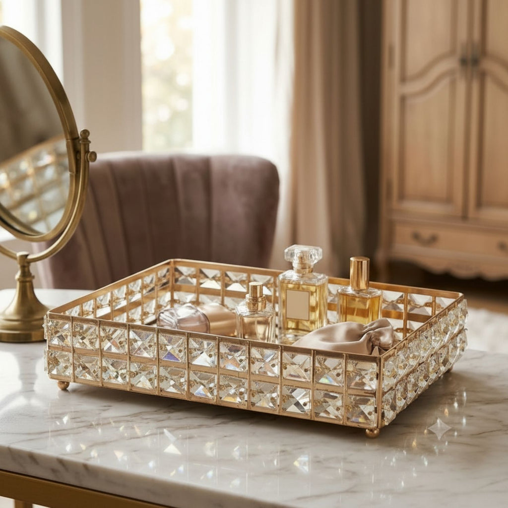 30cm Golden Crystal Rectangular Decorative Vanity Tray