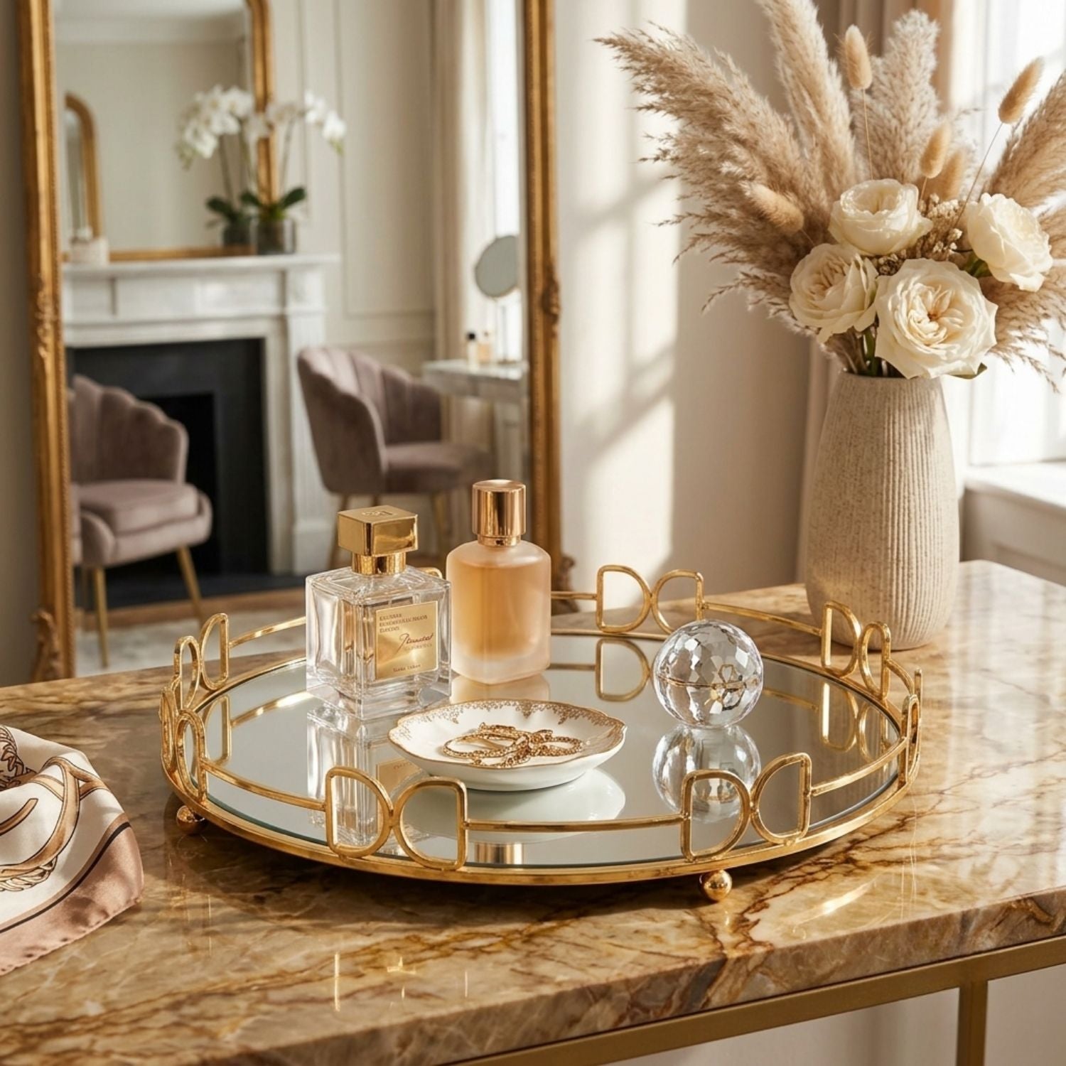 A round mirrored tray with a gold metal frame and decorative looped edges sits on a marble table in a styled interior. The tray holds two perfume bottles, a small dish, and a clear decorative orb, with a vase of dried flowers and a mirror in the background.