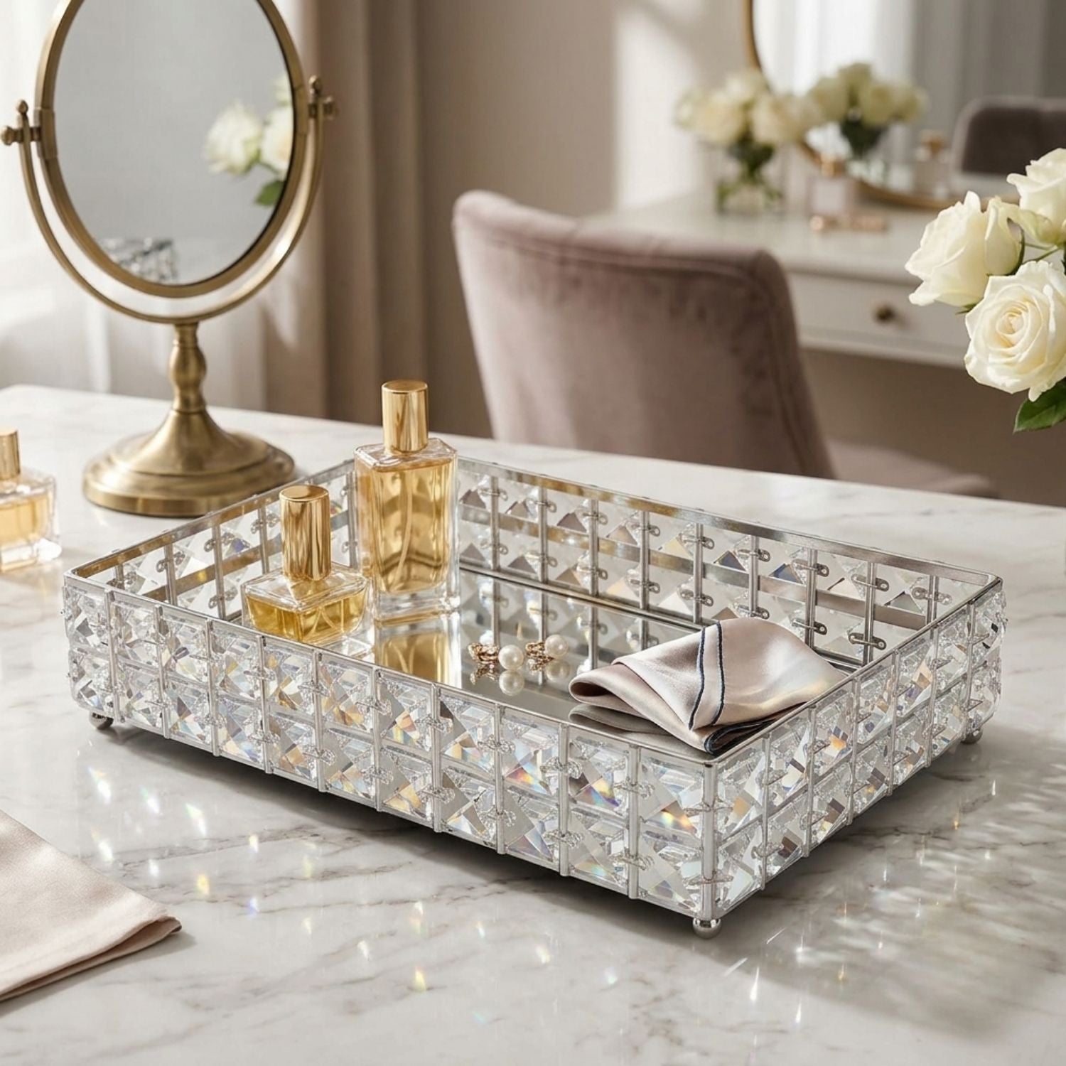30cm Silver Crystal Rectangular Decorative Vanity Tray