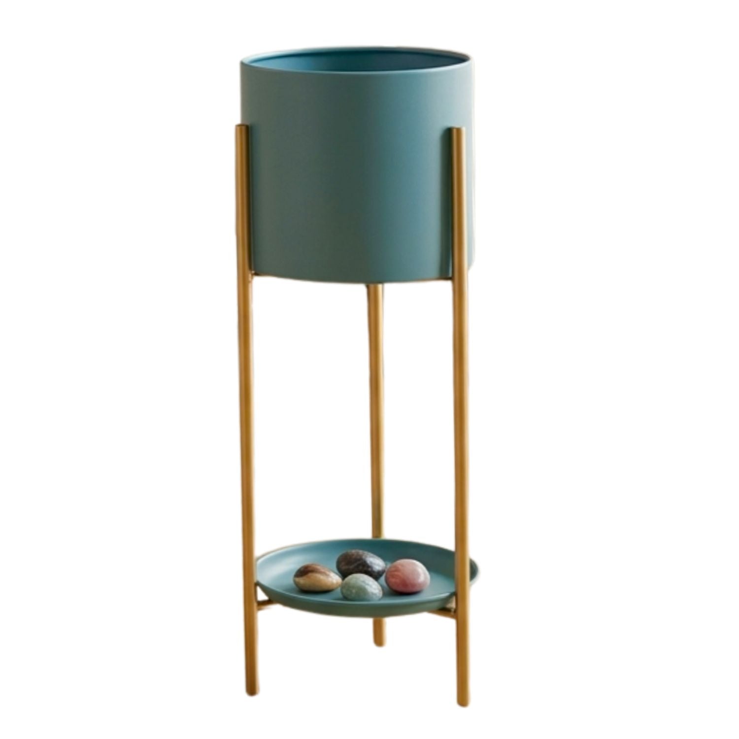 A modern two-tier plant stand with a matte teal blue cylindrical top pot and a matching shallow tray on the lower level, supported by slim gold metal legs, shown against a plain white background.