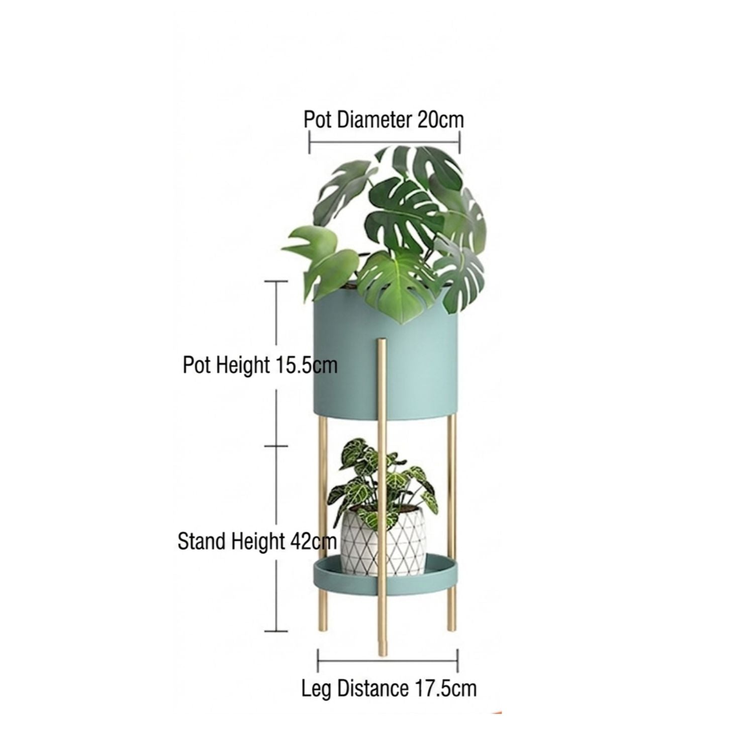 A two-tier planter stand with a mint green cylindrical pot on top, a smaller white patterned pot on the lower shelf, and a monstera plant, shown with dimension labels including pot diameter 20cm, pot height 15.5cm, stand height 42cm, and leg distance 17.