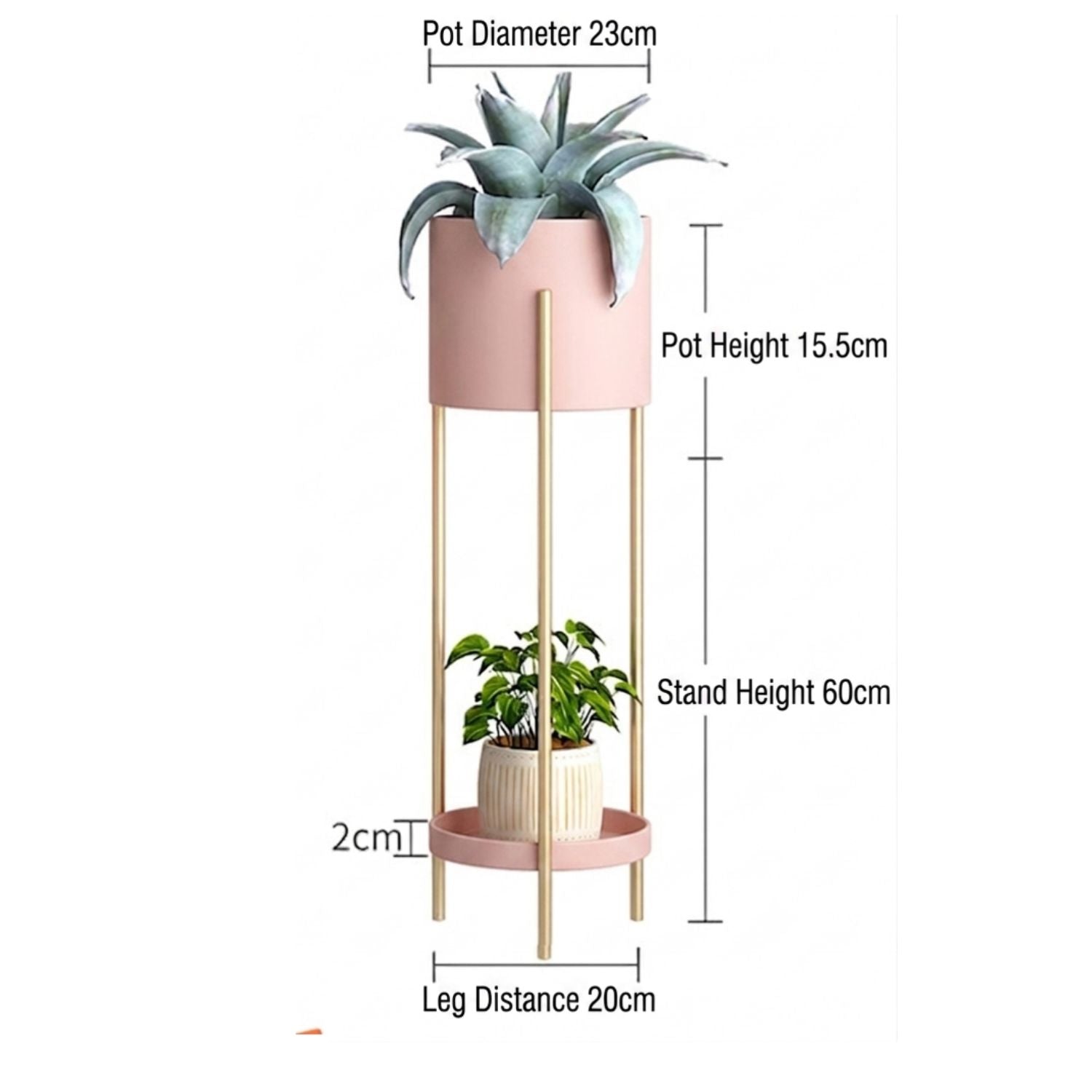 A two-tier plant stand with a pink top pot, a gold metal stand frame, and a small lower shelf tray. The image includes dimension labels and lines indicating pot diameter, stand height, leg distance, and a 2cm depth difference between tiers.