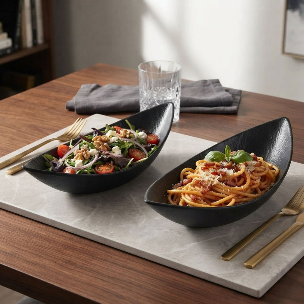 2pc Large Boat Shaped Ceramic Fine Dine Bowl Set