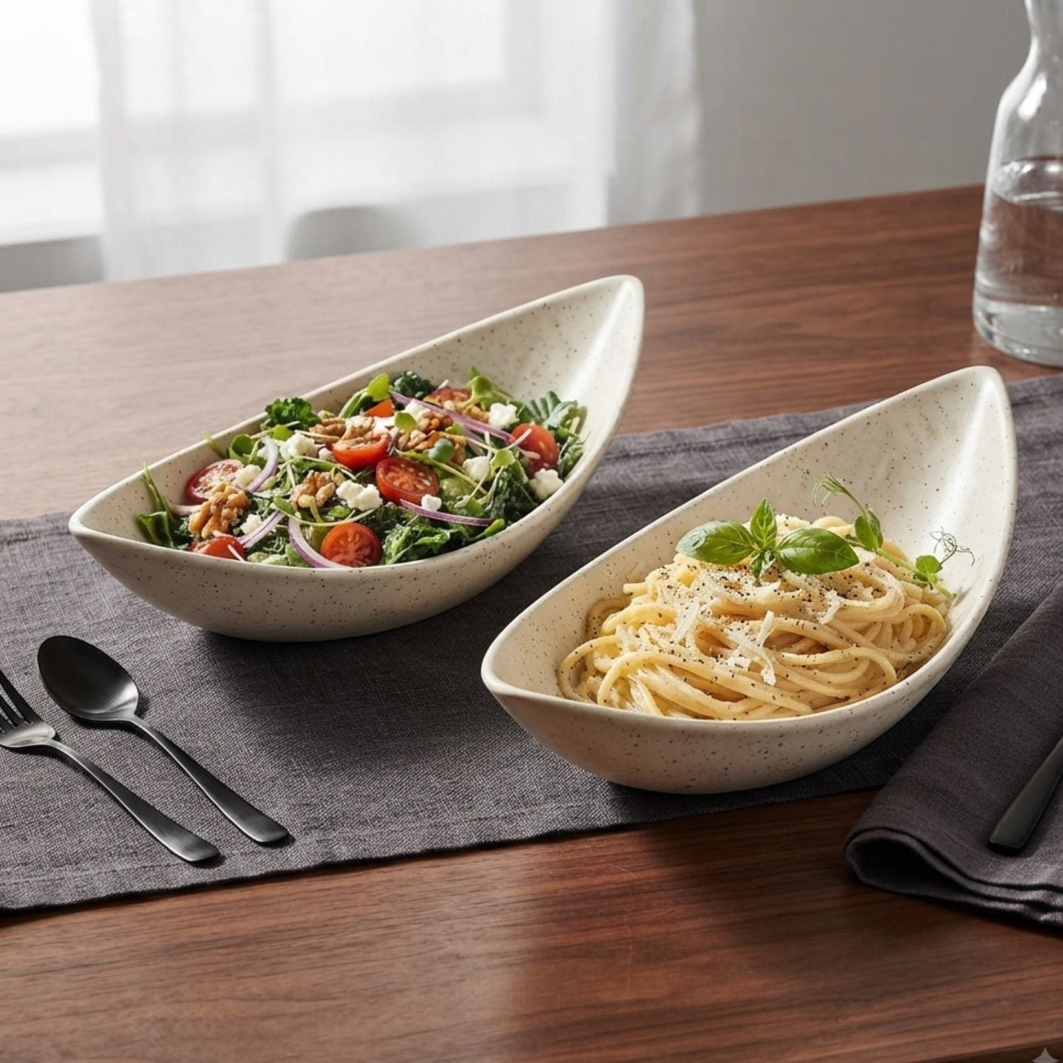 2pc Large Boat Shaped Ceramic Fine Dine Bowl Set