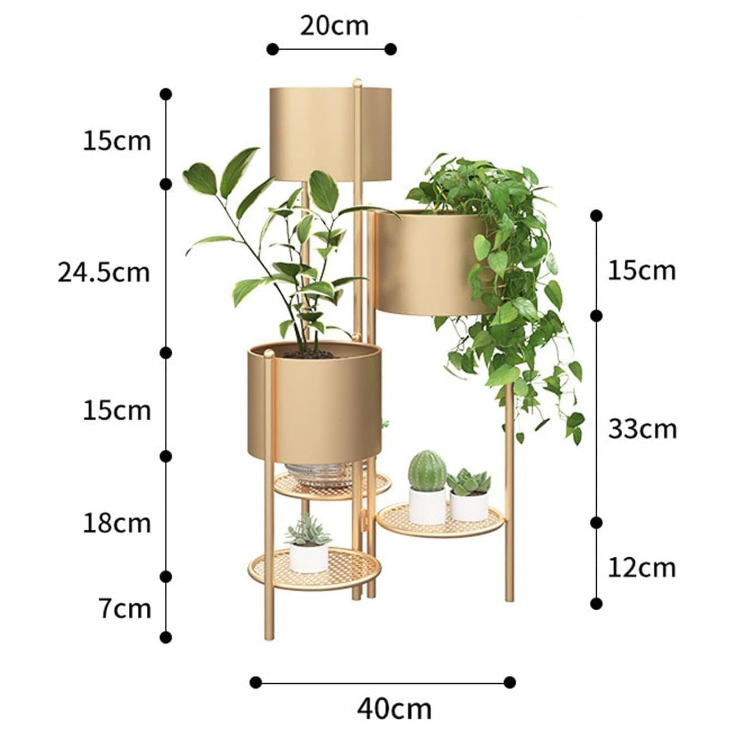 A three-tier gold metal plant stand with cylindrical pots and hanging baskets, shown with green plants and overlaid dimension labels (20cm, 24.5cm, 15cm, 18cm, 7cm, 33cm, 12cm, 40cm, 40cm) on a white background.