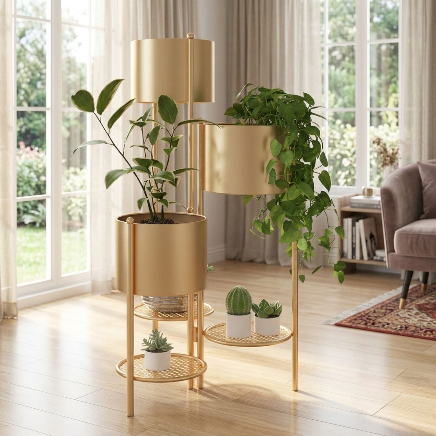 A gold three-tier planter stand with cylindrical and round planters, styled with green houseplants in a bright, modern living room with large windows and light wood floors.