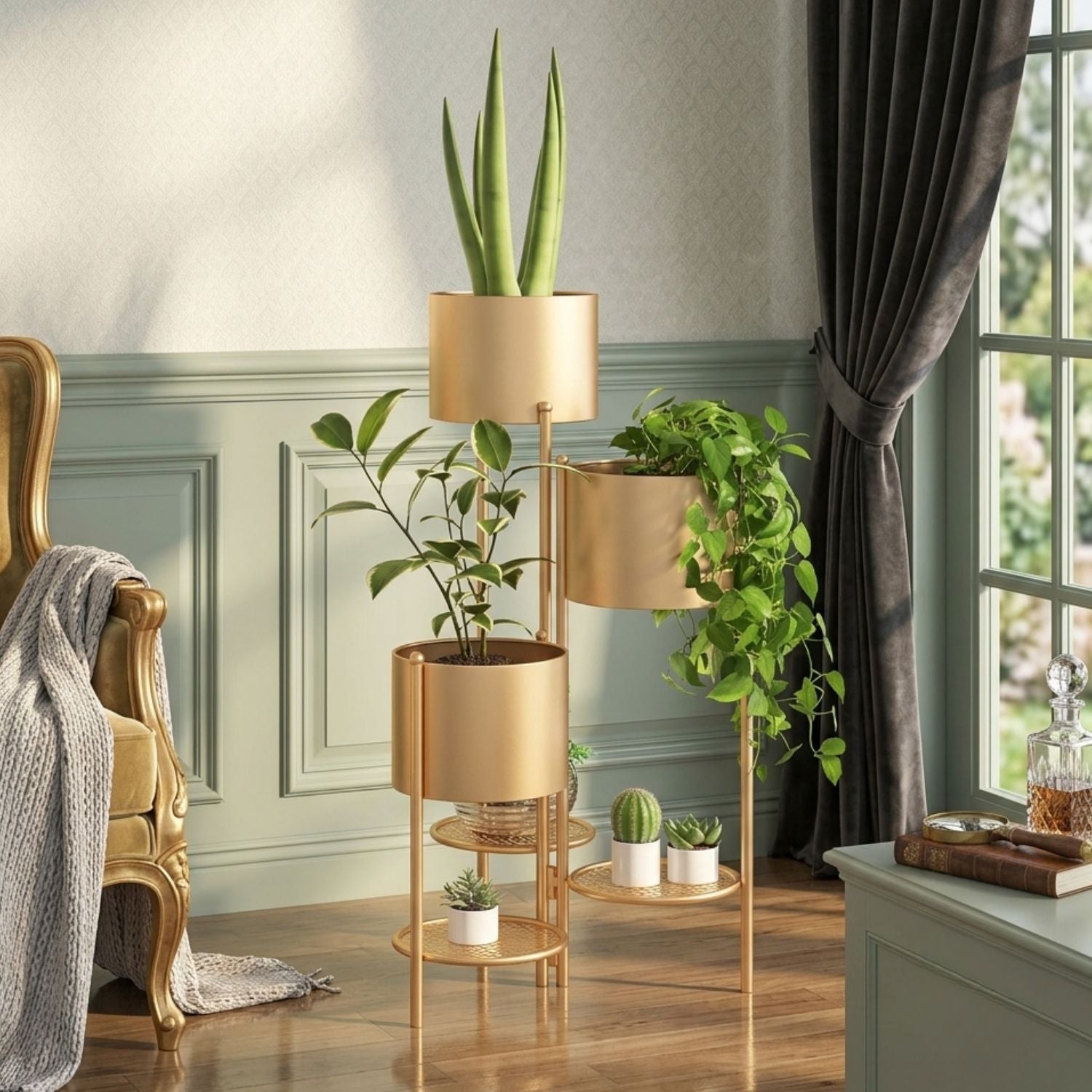 A three-tier gold metal plant stand styled in a bright room with green plants, a gold armchair, and a window with dark curtains.