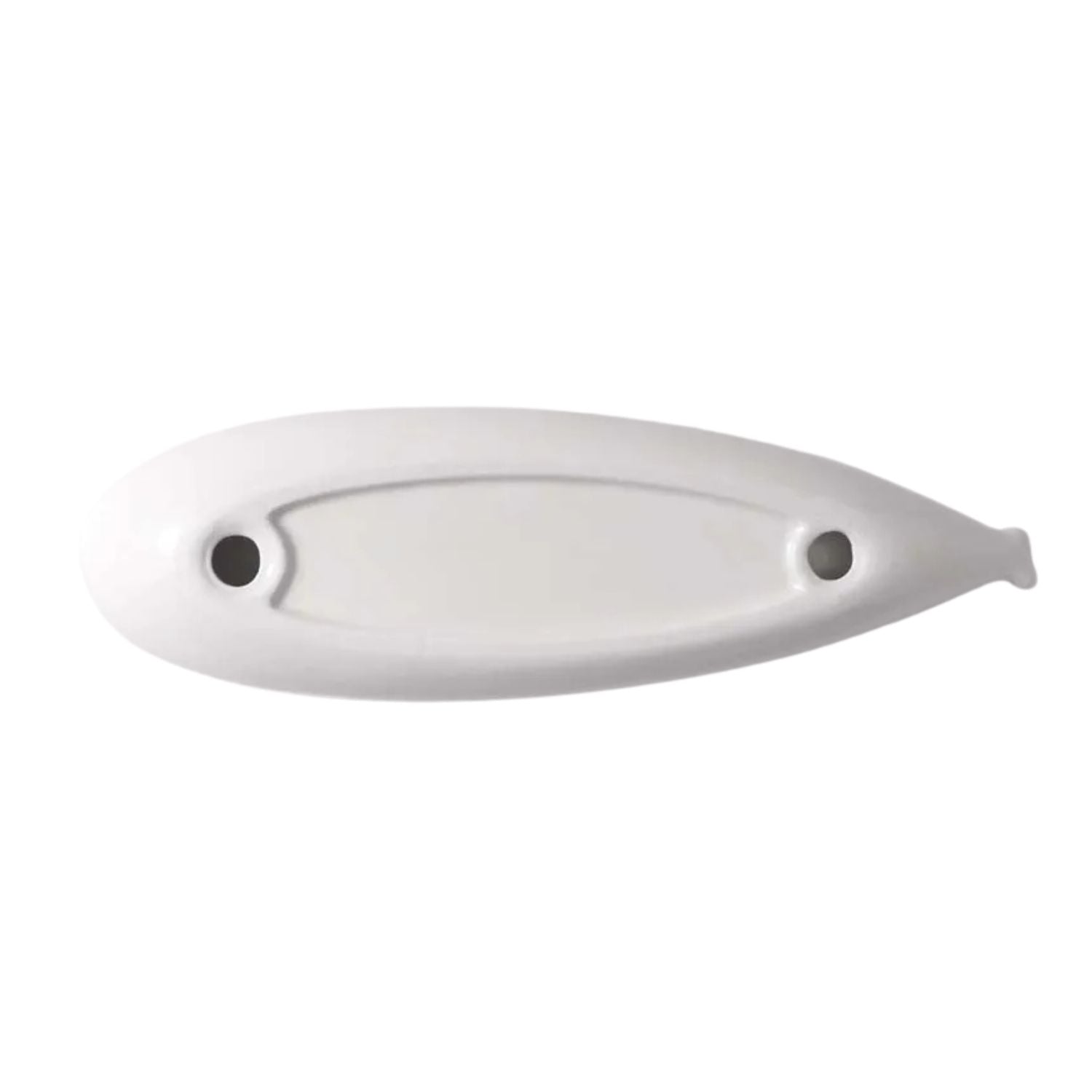 A white plastic fish-shaped wall hook or decorative fixture with two circular mounting holes, shown against a plain white background.