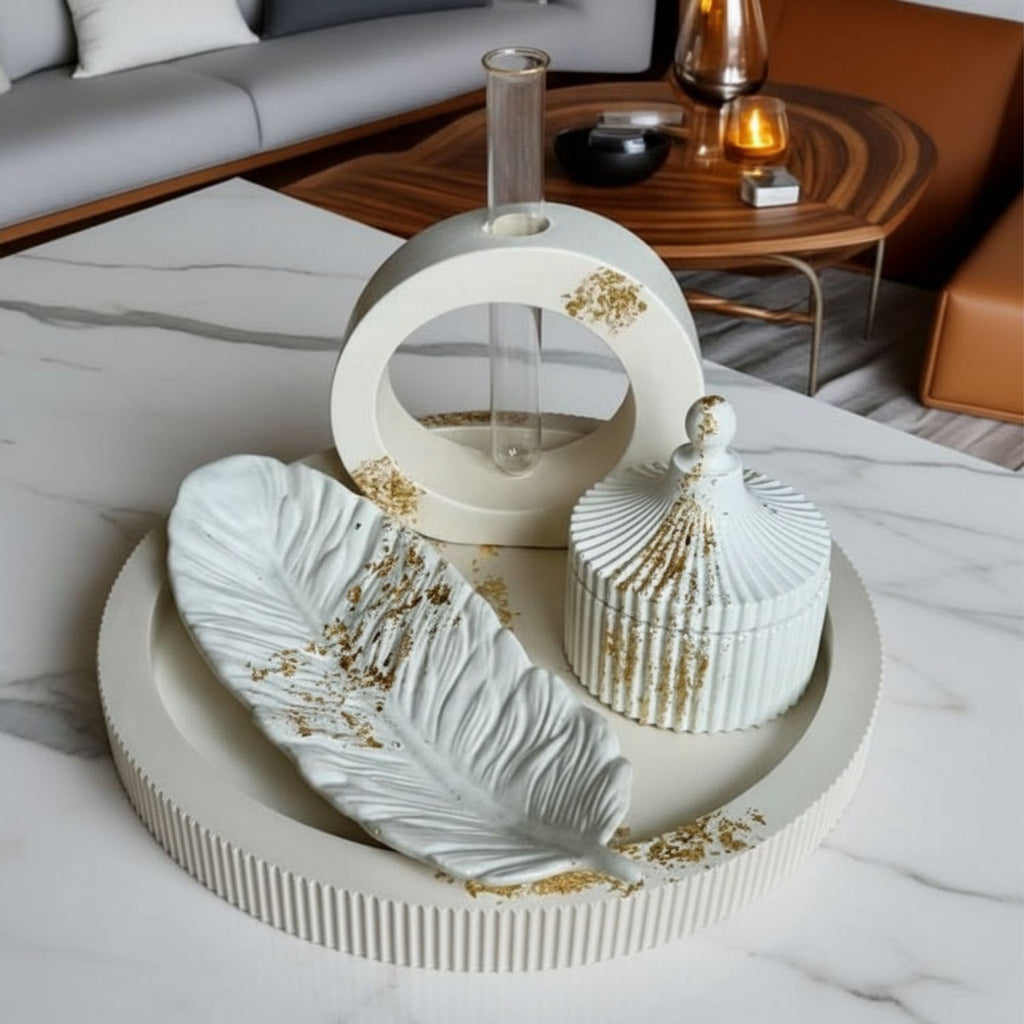 Elevate your living space with this exquisite white and gold decorative tray set. a curated collection of artisan-crafted pieces that bring spa-inspired serenity to any room.