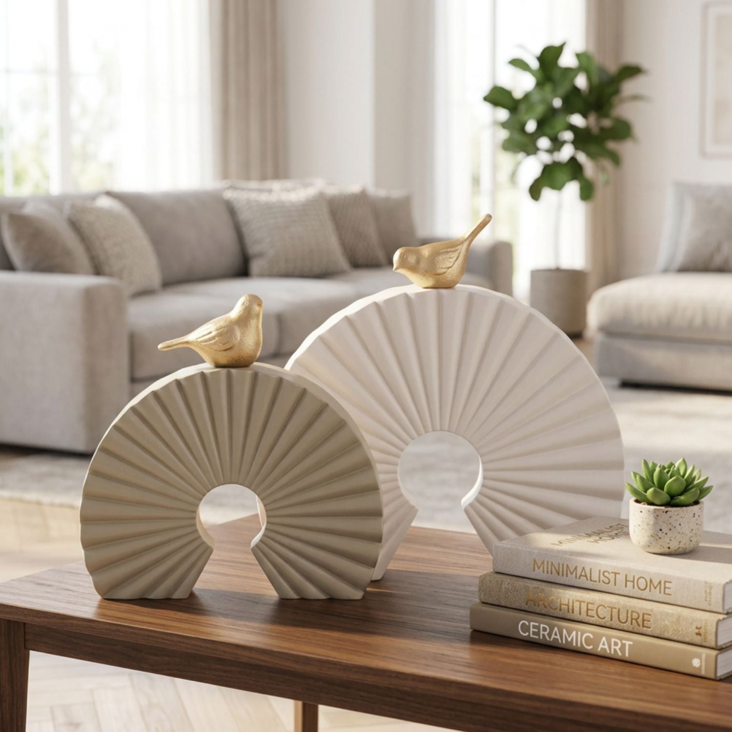 Two decorative fan-shaped ceramic sculptures in warm beige and off-white tones, each topped with a small gold bird figurine, displayed on a wooden table in a softly lit living room setting.