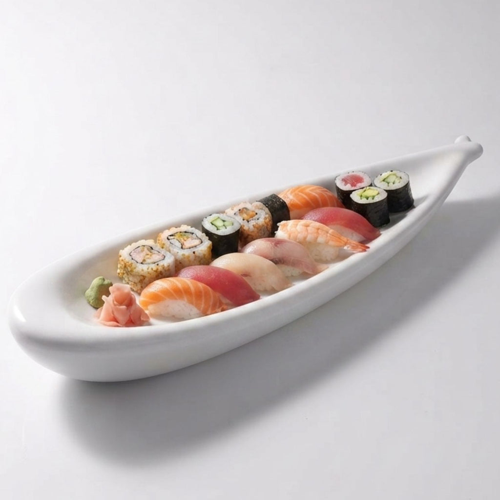 A white ceramic sushi boat platter filled with assorted sushi rolls and nigiri, photographed on a clean light gray studio background.