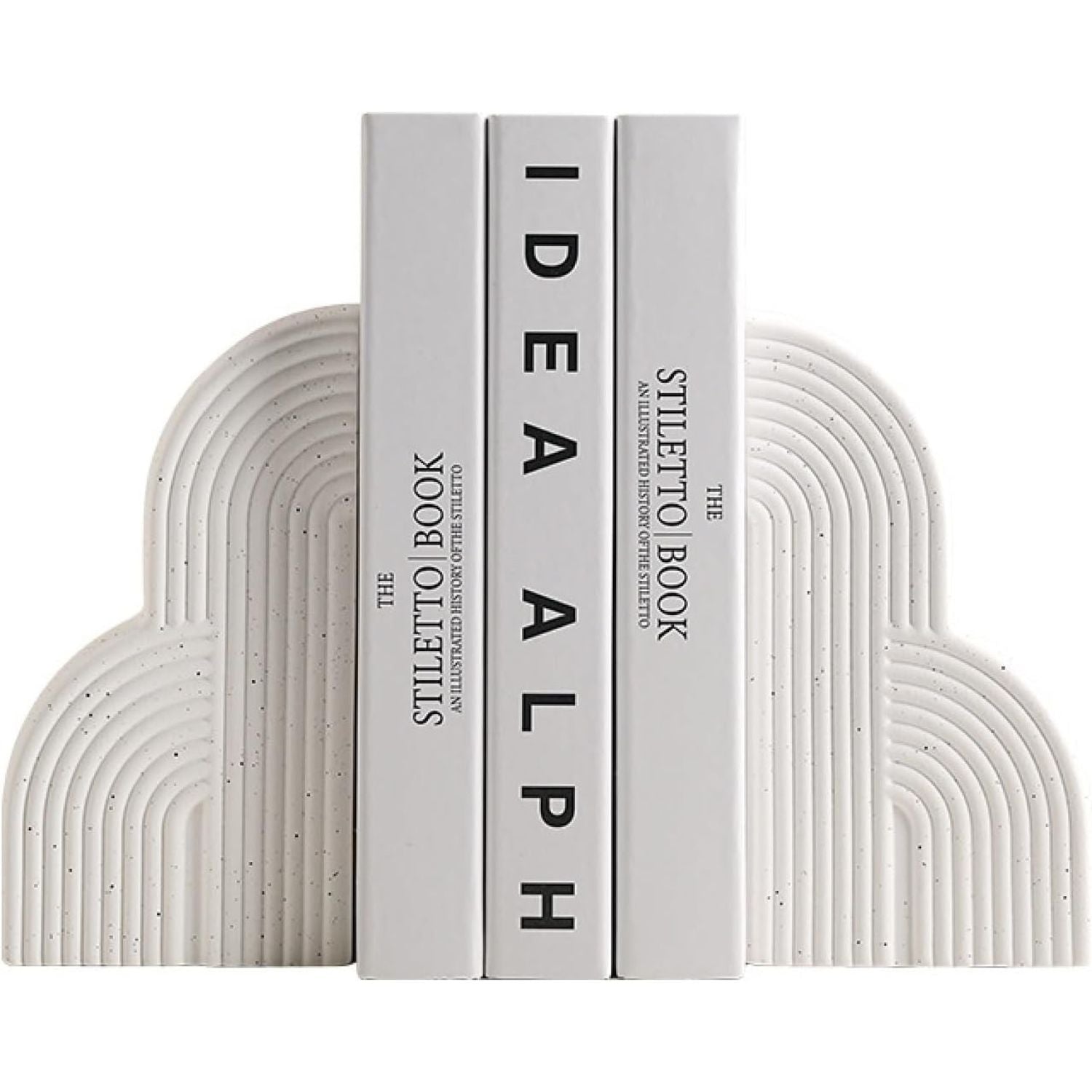 Three white books standing upright between two matching white arched bookends with a subtle speckled texture. The book spines read 'THE STILETTI BOOK', 'IDEA ALPH', and 'THE STILETTI BOOK' on a clean white background.