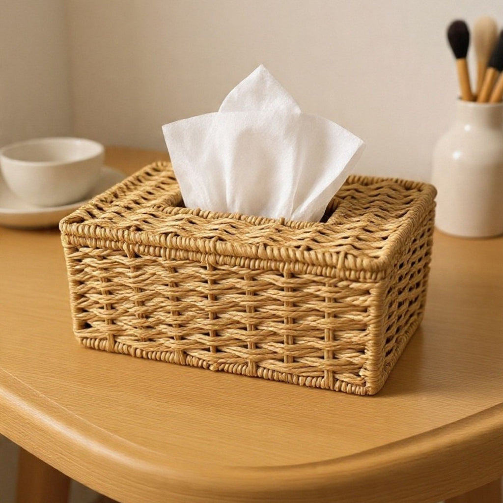 A rectangular woven rattan tissue box cover holding white tissue papers, placed on a light wood table with a softly blurred kitchen or bathroom background.