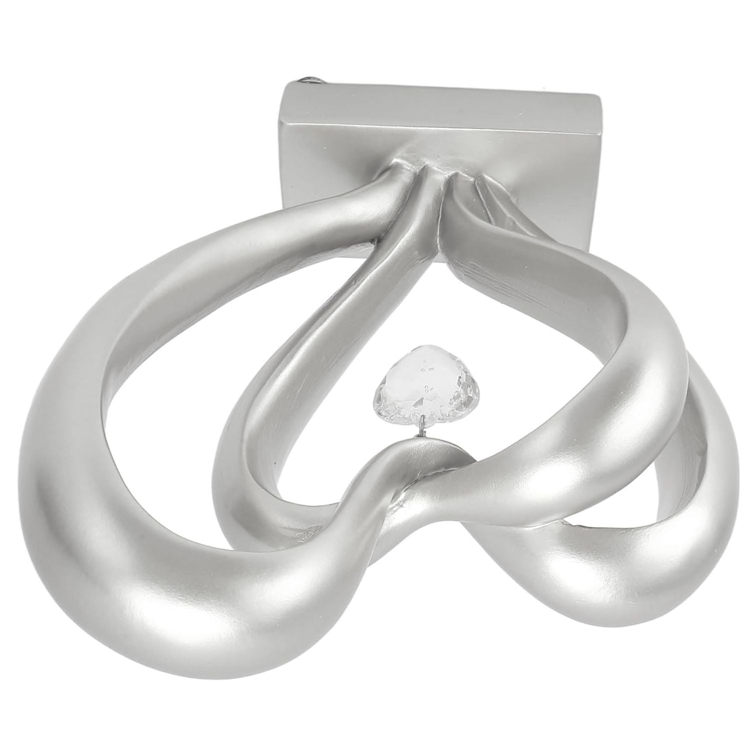A modern wall-mounted light fixture with a polished silver-toned metal frame in an abstract looped design, featuring a rectangular backplate and a small clear faceted crystal shade at the center, shown against a plain white background.