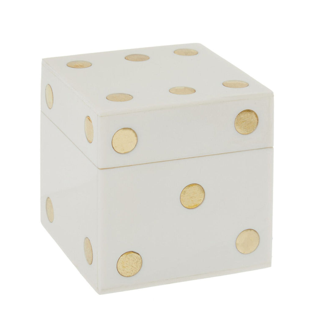 A white dice-shaped decorative box with gold circular dot accents on each side, shown on a plain white background.