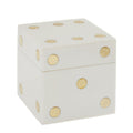 A white dice-shaped decorative box with gold circular dot accents on each side, shown on a plain white background.