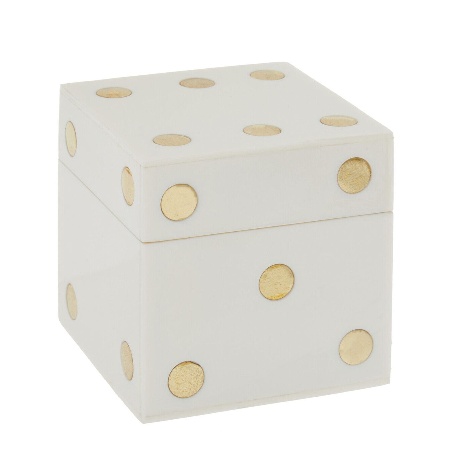 A white dice-shaped decorative box with gold circular dot accents on each side, shown on a plain white background.