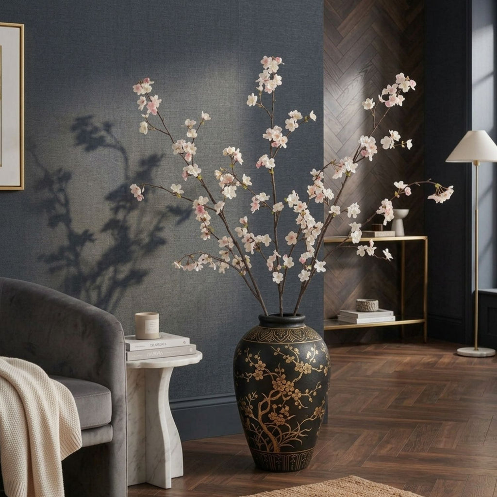 Set of 5 Cherry Blossom Artificial Real Touch Flowers Stems 110cm