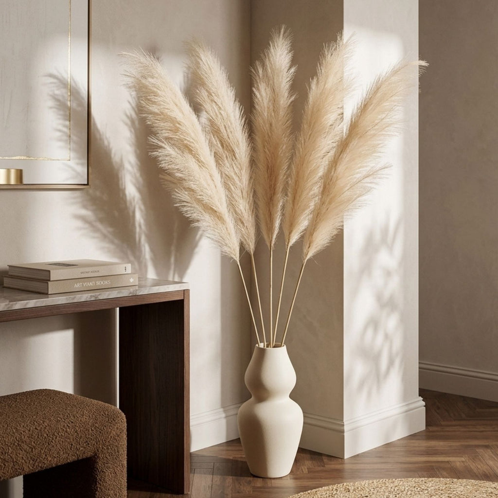 Set of 5 beige pampas grass stems laid flat on white background