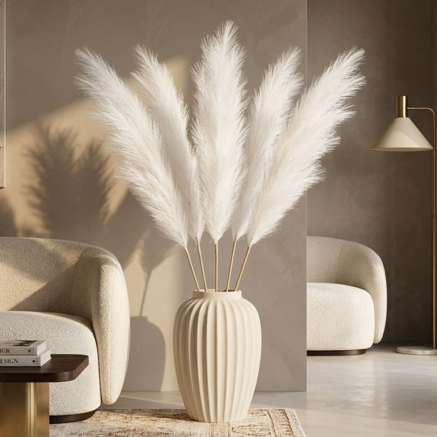 White pampas grass stems in ribbed cream floor vase in neutral living room