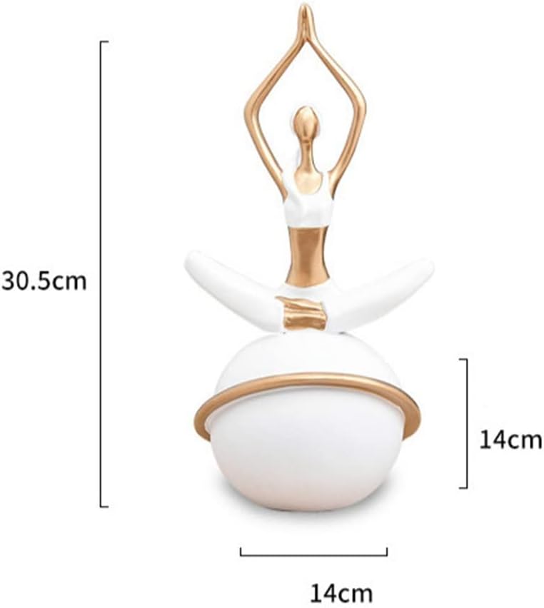 White and gold yoga lady ball sculpture - front view on marble surface with palm leaf background