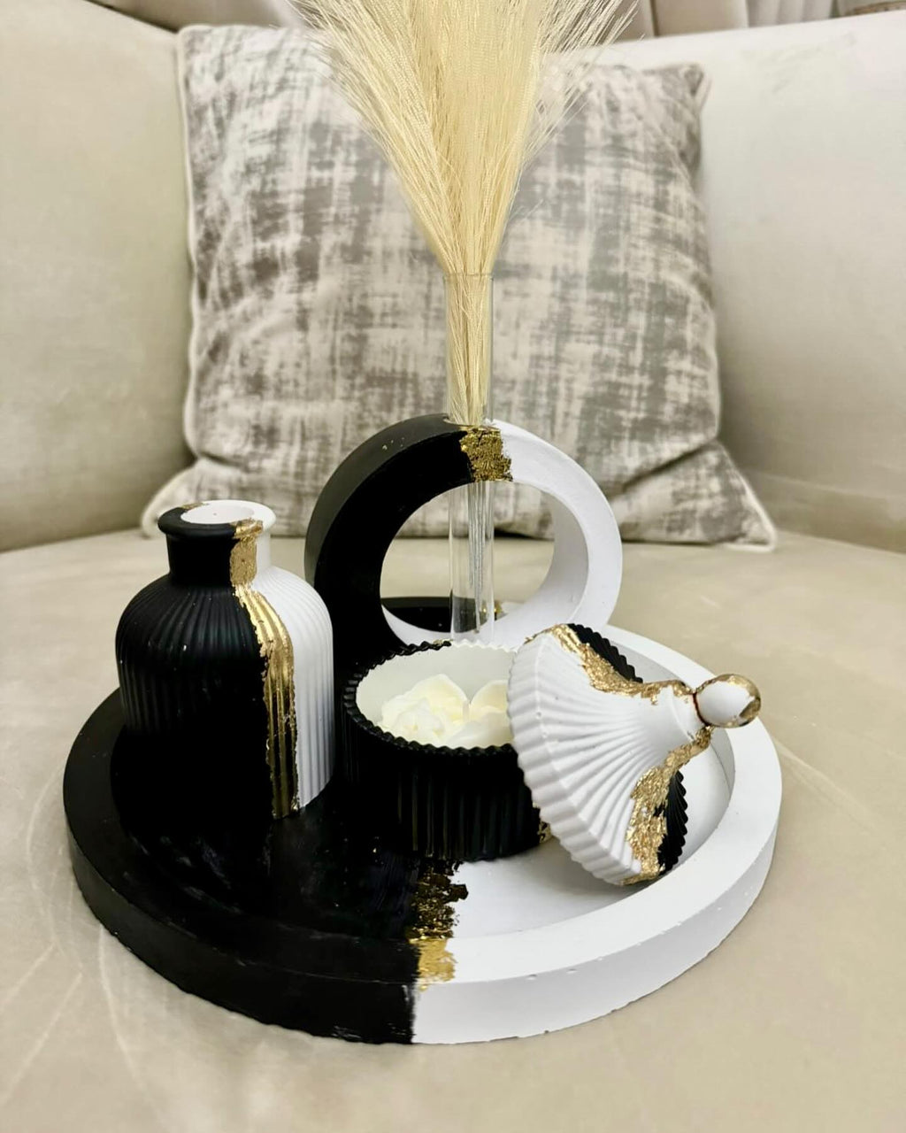 4Pcs Candle Trankit Decorative Tray Set White & Black With Gold Details