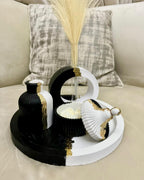 4Pcs Candle Trankit Decorative Tray Set White & Black With Gold Details