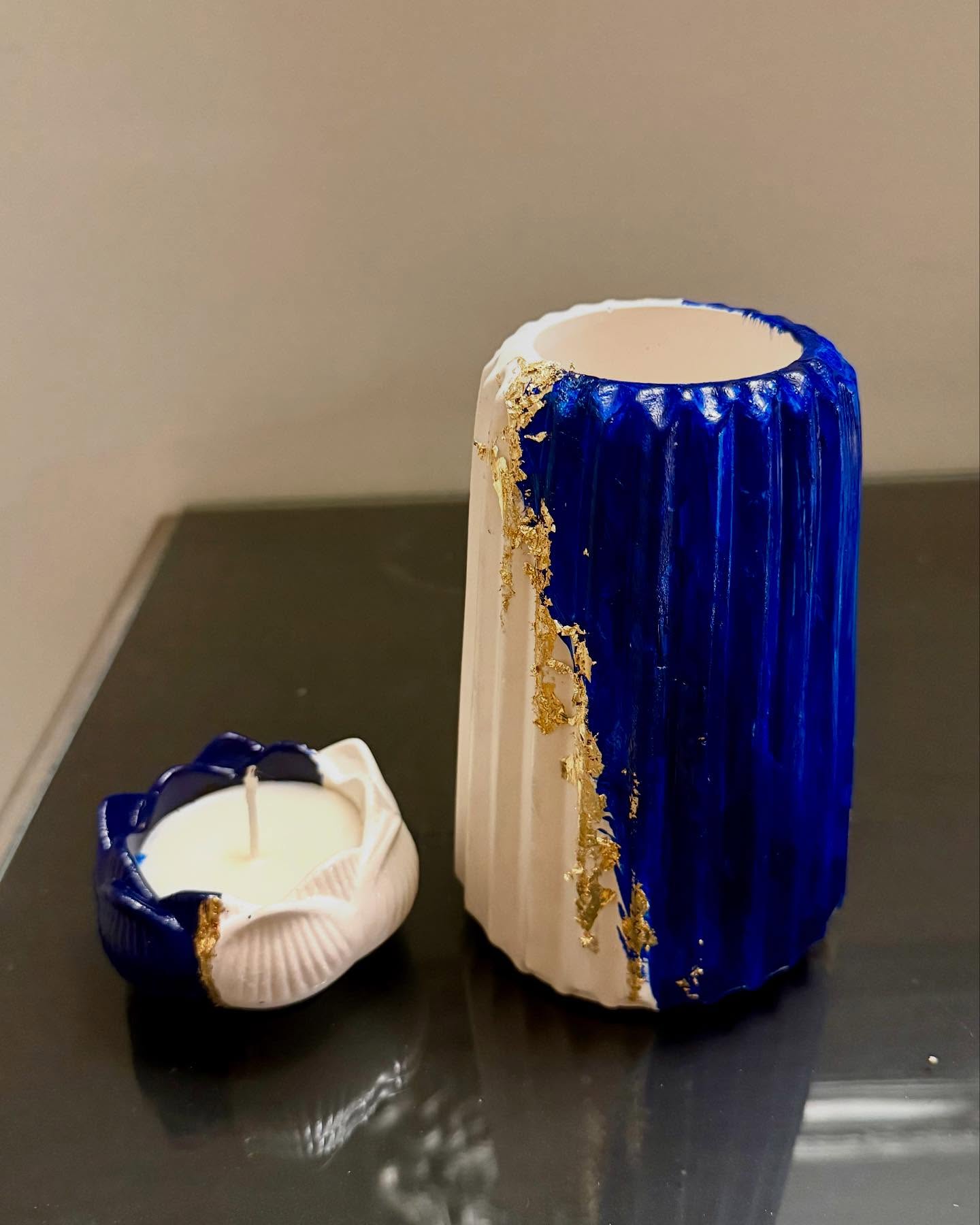 Blue & Gold Ceramic Vase and Candle Holder Set